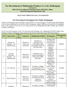 Bihar Jeevika Tea Factory Vacancy 2025